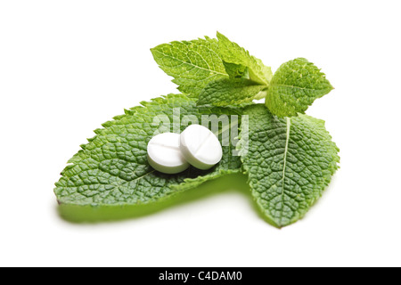 White pills on a green leaves of mint Stock Photo