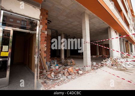 Lorca Spain earthquake building scene. Large destructive earthquake with collapsed buildings and destruction. Business inside. Stock Photo