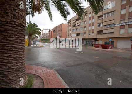 Lorca Spain earthquake building scene. Large destructive earthquake with collapsed buildings and destruction. Main road. Stock Photo