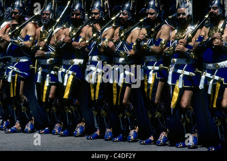 Spain.  Elaborate uniforms from the fiestas of Moros y Cristianos - Moors and Christians - in Alcoy. Stock Photo