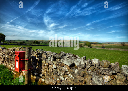 Artlegarthdale, Yorkshire, England old edwardian, victorian royal mail post box on wooden stake drystone wall hdr Stock Photo