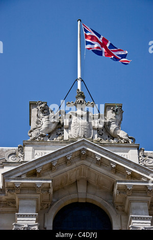 Union Flag flying above the Council Building, High Street, Colchester, Essex, UK Stock Photo