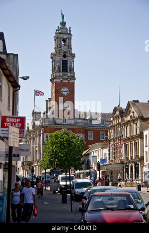 High Street Colchester, Essex, England with the Town Hall and Victoria Tower Stock Photo