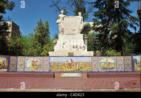 Blue sky Foundation City Monument (mosaic tiles murals Conquistadores Indians Spanish farmers), Plaza Espana, Mendoza, Argentina Stock Photo