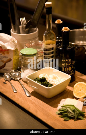 Counter top with cooking ingredients for lesson at Jamie Oliver's Recipease Stock Photo