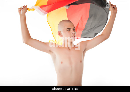 German Soccer Fan Cheering With Germany Flag Stock Photo