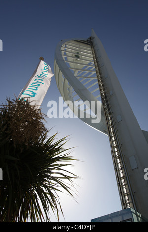 City of Portsmouth, England. Silhouetted view of the 170 meter tall Spinnaker Tower at Portsmouth’s Gunwharf Quays. Stock Photo