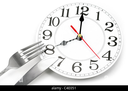 fork and wall clock with white background, concept of breakfast time Stock Photo