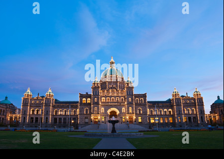 Lights illuminate parliament building, Victoria, Vancouver Island, British Columbia, Canada Stock Photo