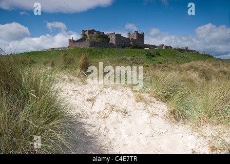 Bamburgh Castle from sand dunes, Northumberland, England. Stock Photo