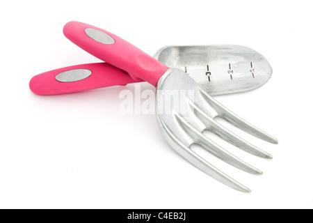 Pink garden tools isolated on white Stock Photo