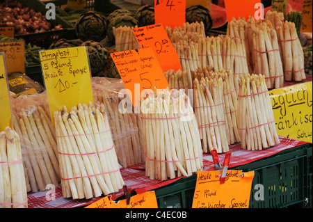 Fresh Asparagus on sale at market Bamberg Bavaria Germany Deutschland Stock Photo