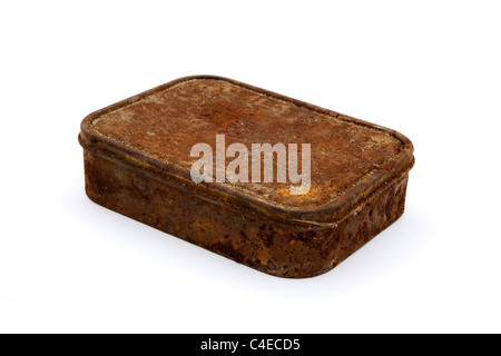 Rusty aged rectangular tin isolated on white Stock Photo