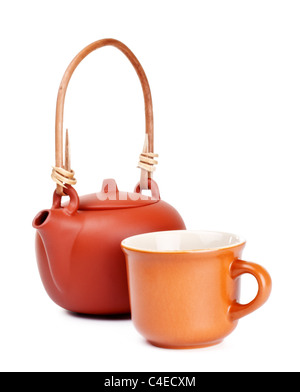 clay kettle and cup isolated on white Stock Photo