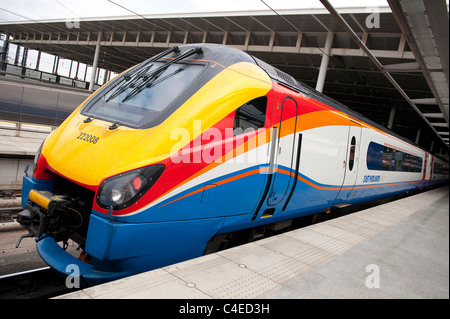 Class 222 meridian train in East Midlands Trains livery at a railway station in England. Stock Photo