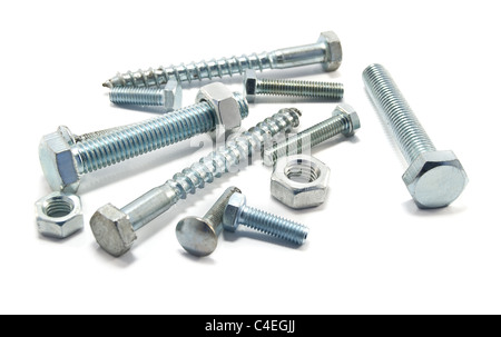 group of steel nuts and bolts isolated on a white background Stock Photo