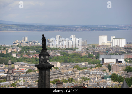 Edinburgh New Town with Henry Dundas Statue on St Andrew's Square and a view north to the Firth of Forth and Fife