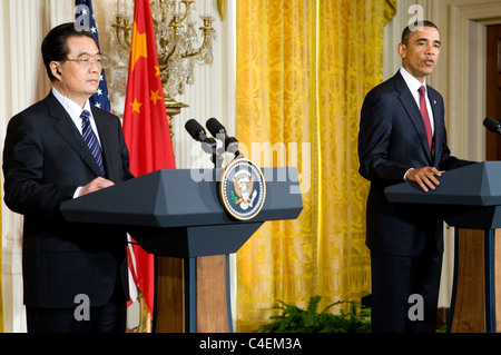 President Barack Obama and Chinese Prime Minister Hu Jintao participate in a joint press conference at the White House. Stock Photo