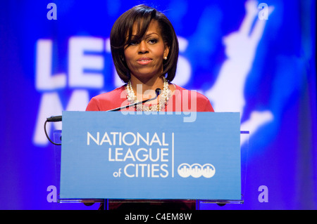 First Lady Michelle Obama speaks about her Let's Move initiative. Stock Photo