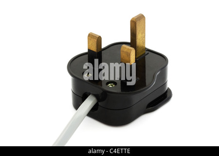 Black UK plug with a grey flex isolated over white Stock Photo