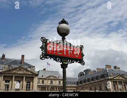 Paris Metro sign the station Palais-Royal – a 1909 Val d′Osne candelabria, they are recognizable by the elaborate ironwork edging Stock Photo