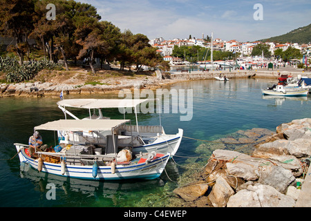 fishing boats at the old harbour of Skiathos Town on Skiathos Island, Northern Sporades, Greece Stock Photo