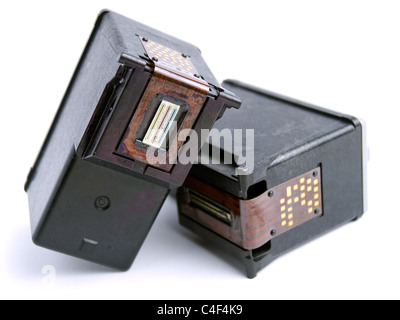 Two empty ink cartridges on a white background. Stock Photo