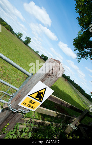 Bull in a field sign on a farm gate. Oxfordshire, England Stock Photo