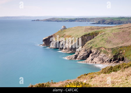 Porthcew and Rinsey Head, with distant views to Prussia Cove, Cornwall, England. Spring (April) 2010. Stock Photo