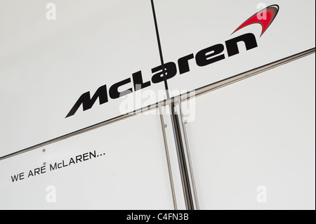 McLaren Showroom entrance with logo above entrance. Stock Photo
