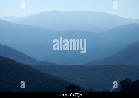 Smoky haze from burnoffs in the hills around Khancoban, Snowy Mountains, New South Wales, Australia Stock Photo