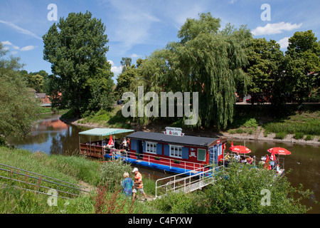 café on a  houseboat in Hitzacker, Lower Saxony, Germany Stock Photo