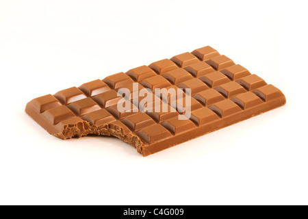 Chocolate bar isolated on white with a missing bite Stock Photo