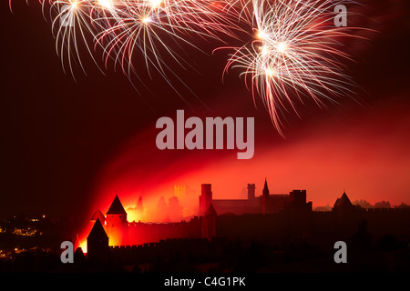 Bastille Day firework display over Carcassonne, Aude, Languedoc-Rousillon, France Stock Photo