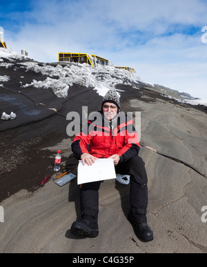 Scientist drawing area which is full of ash from the Grimsvotn Volcano eruption. Iceland Stock Photo