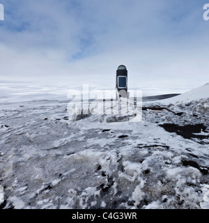 Solar panel on research equipment hut, ash fall from Grimsvotn volcanic eruption, Iceland Stock Photo