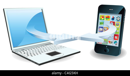 Laptop and smartphone communicating via wireless technology concept Stock Photo