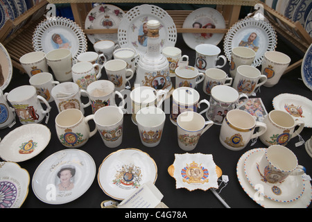 Royal Family China memorabilia for sale at an Antiques market in London,UK Stock Photo