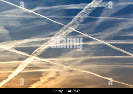 Jet Vapour Trails, in evening sky, Lower Saxony, Germany Stock Photo