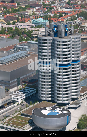 An aerial view of BMW world headquarters known as the BMW-Vierzylinder, or BMW four-cylinder in English in Munich, Germany. Stock Photo