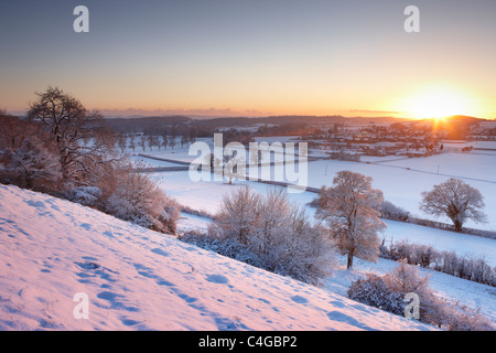 frost and snow on the trees on East Hill overlooking  Milborne Port, Somerset, England Stock Photo