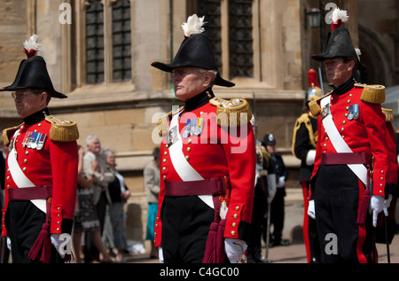 Knights of  Windsor marching in a procession ahead of The Queen to attend the Order of the Garter Service at St Georges Chapel Stock Photo