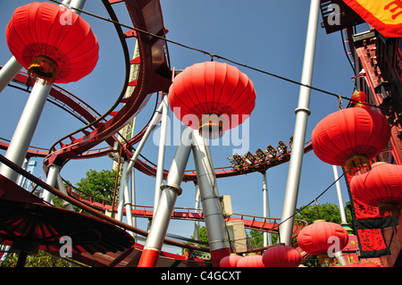 The Demon Rollercoaster ride and Chinese lanterns, Tivoli Gardens, Copenhagen (Kobenhavn), Kingdom of Denmark Stock Photo