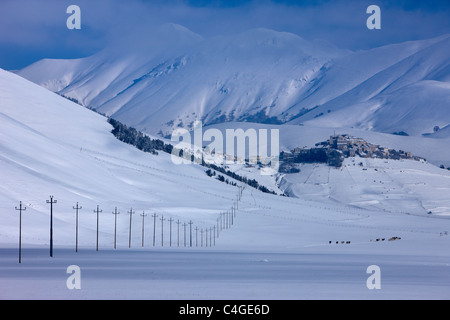 Castelluccio & the Piano Grande in winter, Monti Sibillini National Park, Umbria, Italy Stock Photo