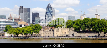 Panoramic view 2011 Gherkin & City of London skyline & cityscape modern skyscraper landmark business buildings & historical Tower of London England UK Stock Photo