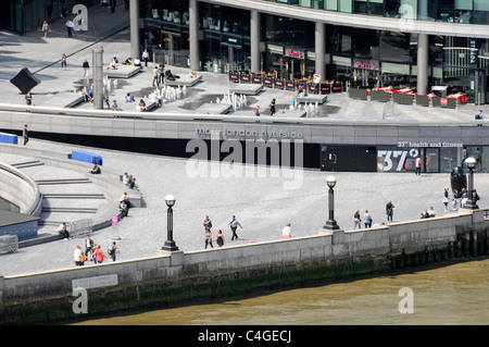 Aerial view of More London riverside open space around new office block development beside River Thames with fountains Southwark London England UK Stock Photo