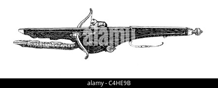 Drawing of a German Crossbow of circa 1600; Black and White Illustration; Stock Photo