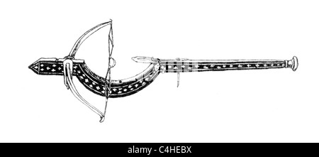 Drawing of an Arbalest or Arblast, a kind of European Crossbow; Black and White Illustration; Stock Photo