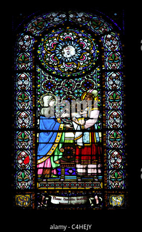 Stained glass window depicting the Presentation of Jesus at the Temple. Montserrat Abbey. Catalonia. Spain. Stock Photo