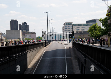 Lunchtime on a Tuesday and Waterloo Bridge has no traffic due to a fire in Marconi House in the Aldwych London Stock Photo